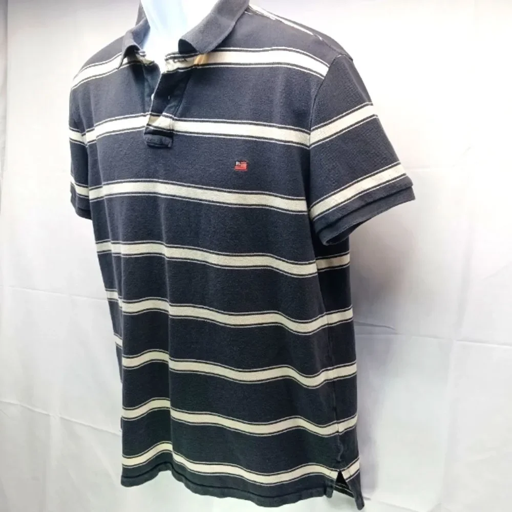 Polo Jean Company Ralph Lauren Men's XL 2 Button Grey/Cream Stipe Polo. Vintage. - Picture 4 of 12